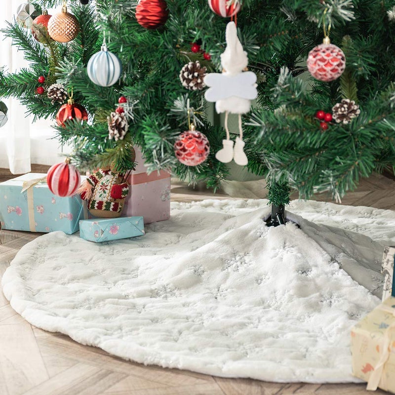 Amidaky Christmas Tree Skirt 30 inches White Faux Fur Silver Snowflake Sequin Embroidered Luxury Tree Skirt Xmas Decoration - Image 5